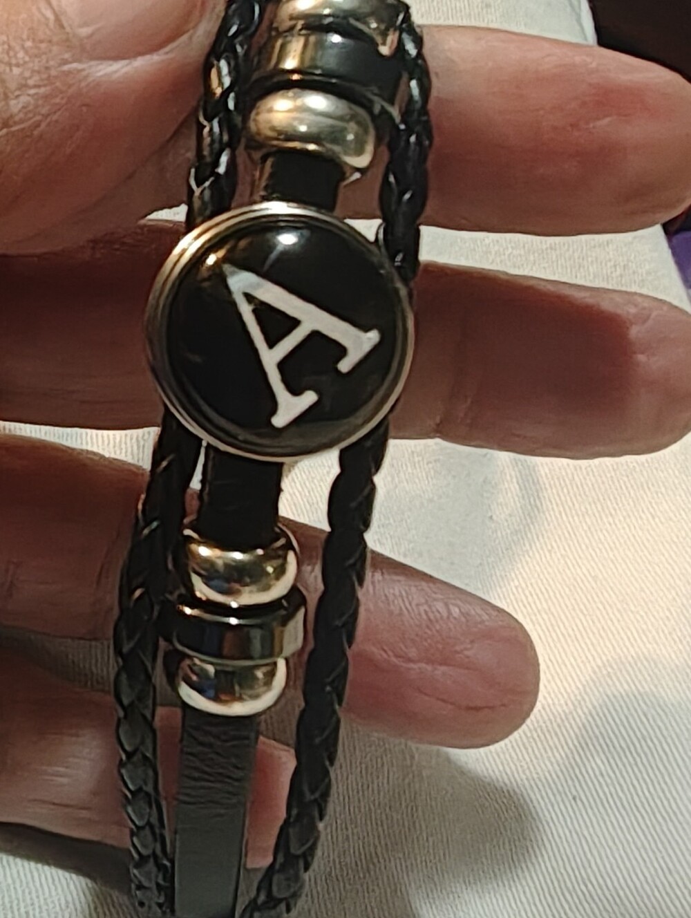 Personalized Black 'A' Initial Braided Leather Bracelet for Men